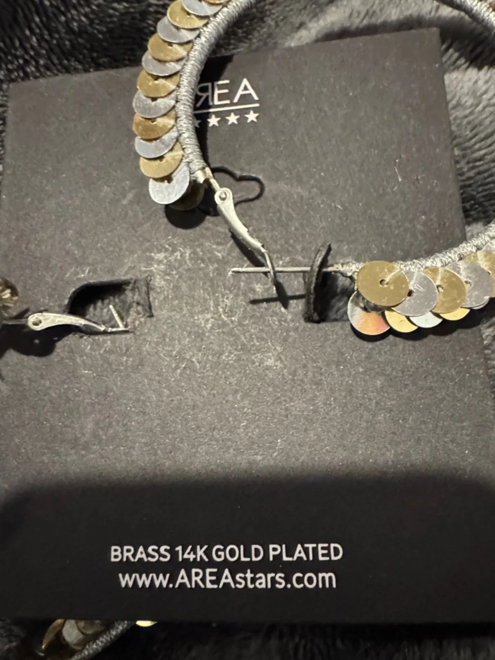 New AREA Gold & Silver Sequin Hoop Statement Earrings 14k Gold Plated Brass - Picture 4 of 4